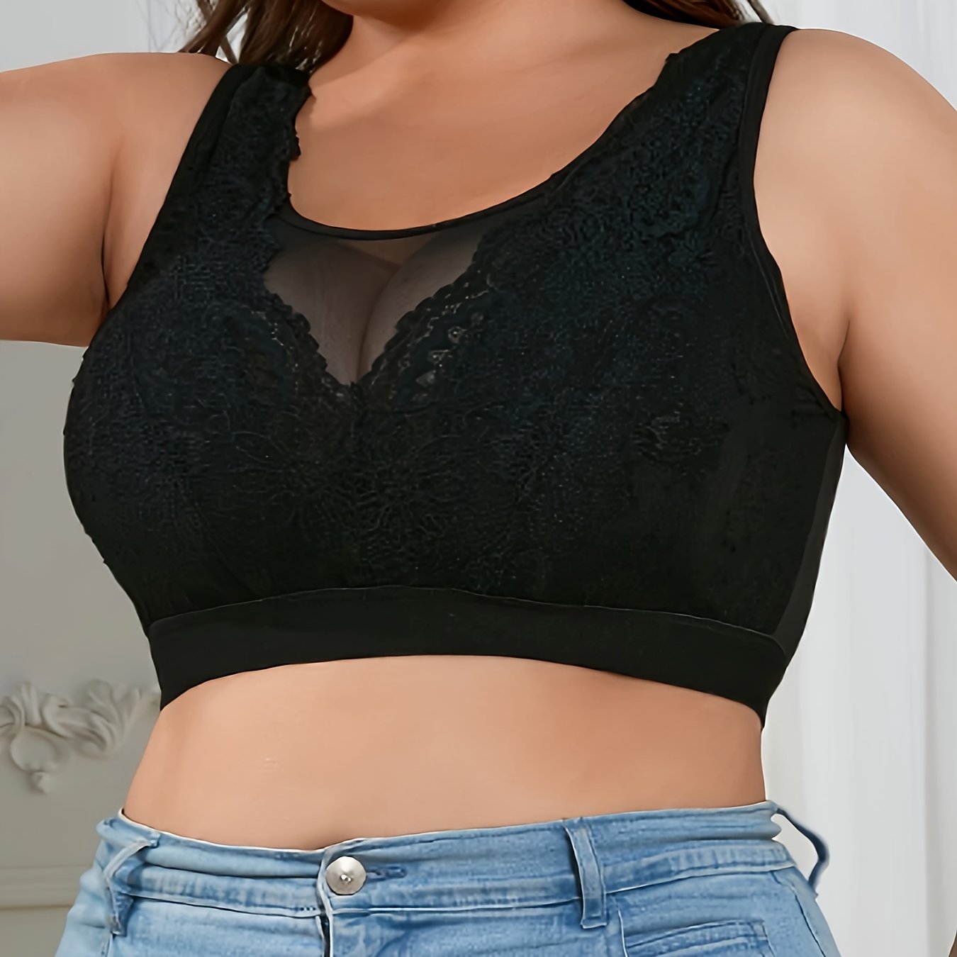 Sexy Bra Women's Floral Lace Mesh Wide Straps Semi Sheer Bra