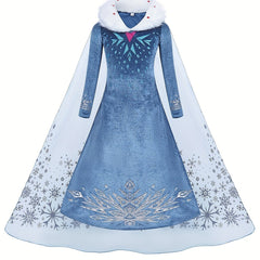 Girl's Velvet Princess Dress Snowflake Print Long Sleeve Dress
