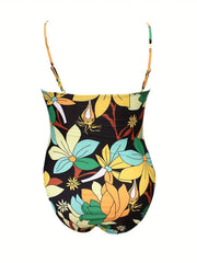 Floral Print High Leg V-Neck One Piece Swimsuit Plus Size
