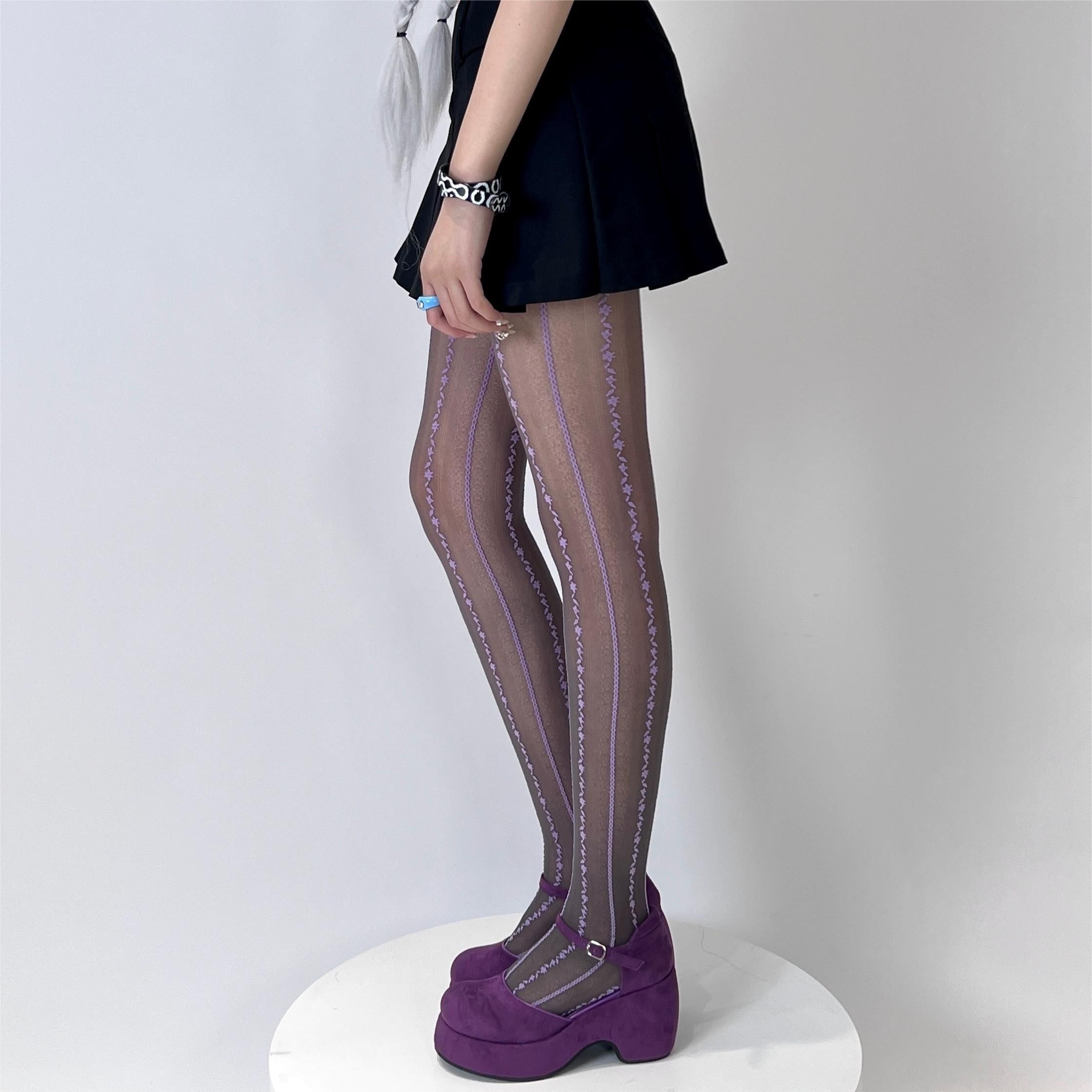 Floral Print Pantyhose High Waist Semi Sheer Footed Pantyhose