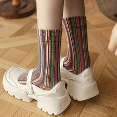 5 Pairs Colorblock Striped Socks Retro College Style Mid Tube Socks
