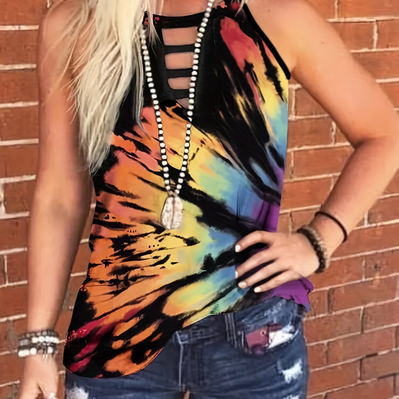 Tie Dye Cut Out Stretch Tank Top