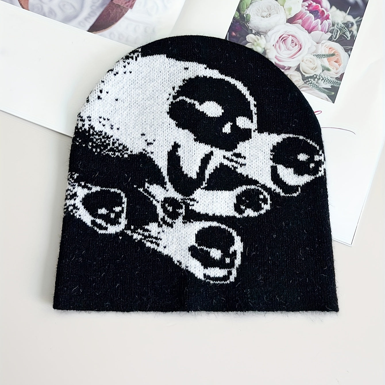 Skull Impact Jacquard Beanie Lightweight Elastic Soft Breathable Knit Hat