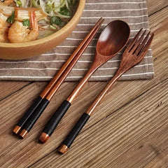 Japanese Style Wooden Flatware Set with Retro Cloth Pouch
