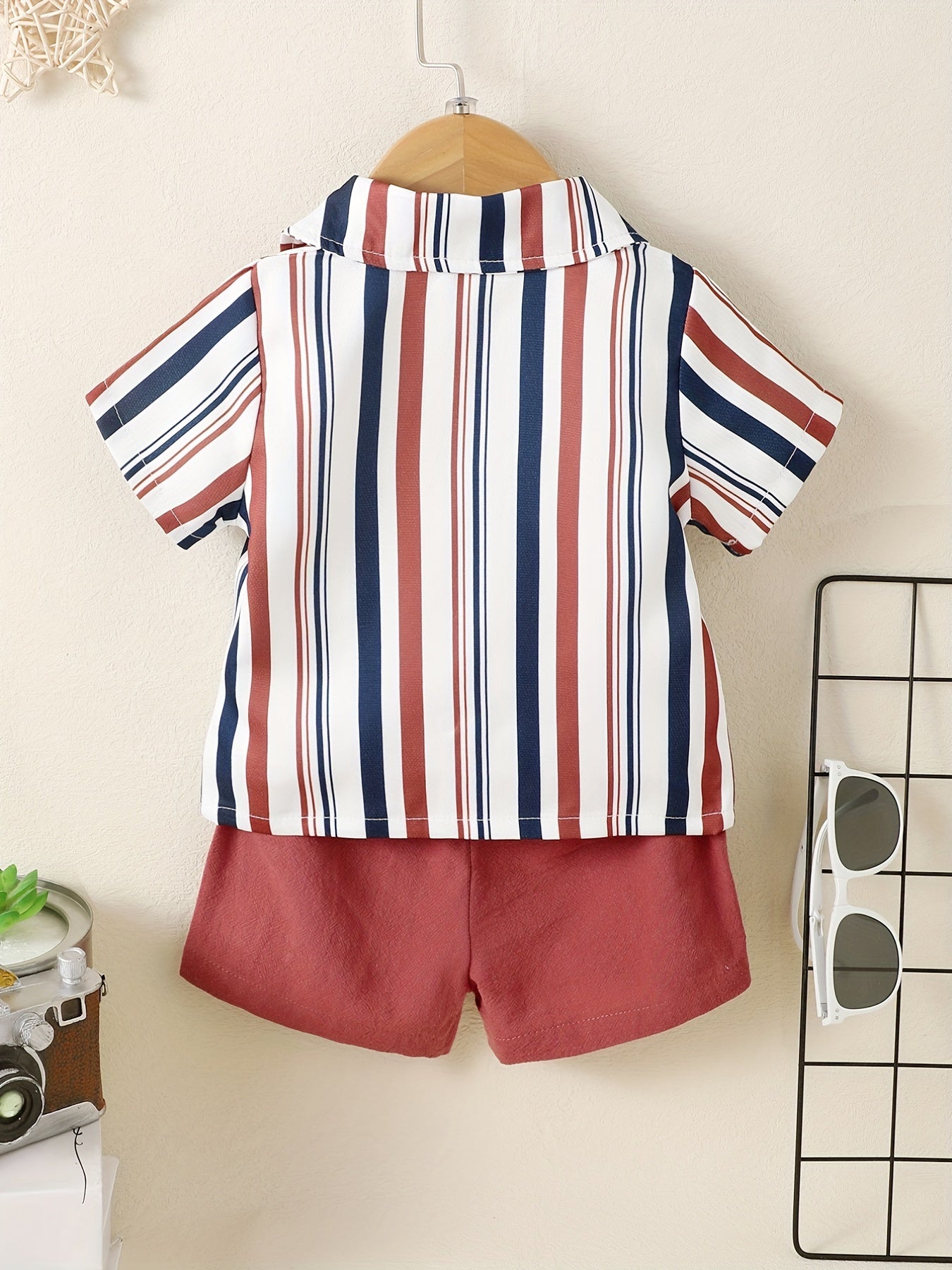 2pcs Baby Boys Striped Short Sleeve Shirt & Shorts Set For Summer