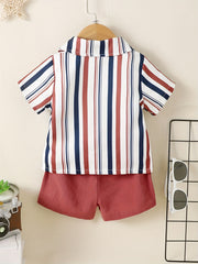 2pcs Baby Boys Striped Short Sleeve Shirt & Shorts Set For Summer