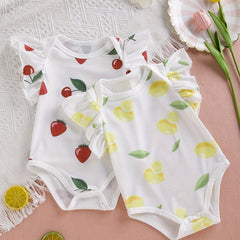 2pcs Baby Girls Fruit Graphic Print Ruffle Sleeve Onesie Set Clothes