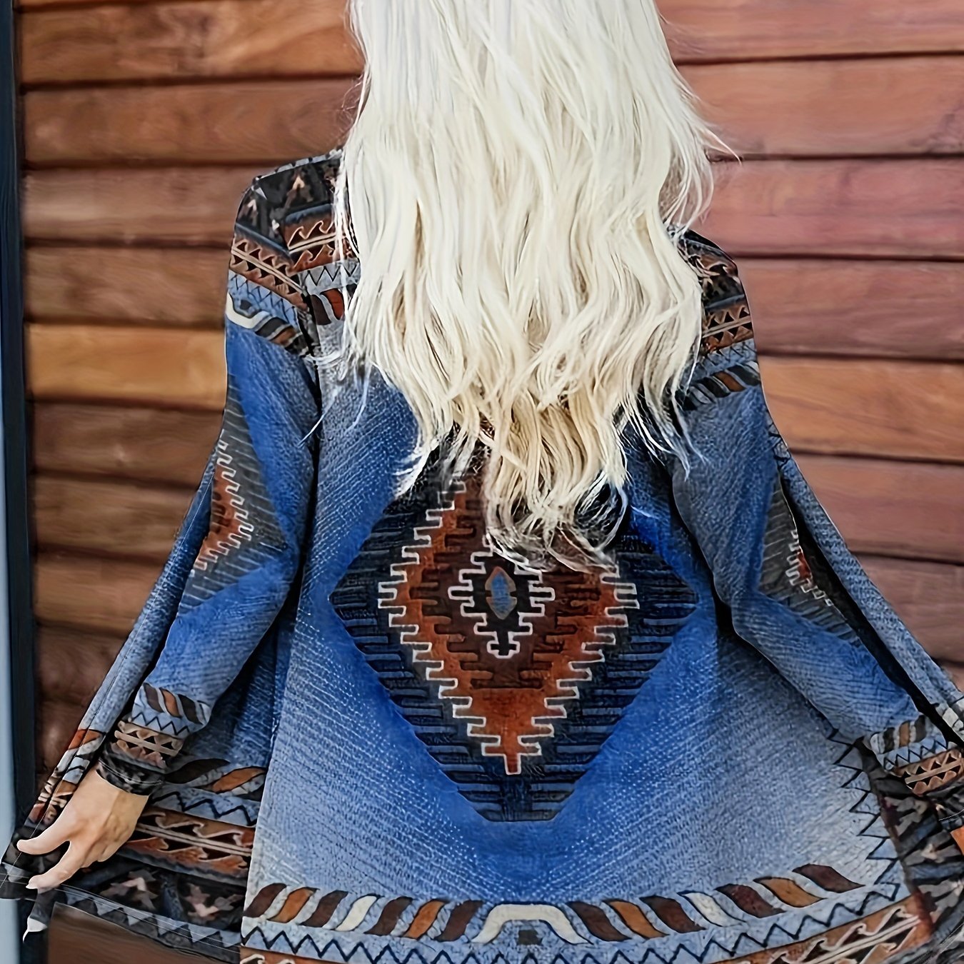 Ethnic Print Open Front Cardigan Vintage Long Sleeve Knit Outwear