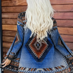 Ethnic Print Open Front Cardigan Vintage Long Sleeve Knit Outwear