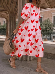 Heart Print Puff Sleeve Dress Crew Neck Casual Tiered Dress