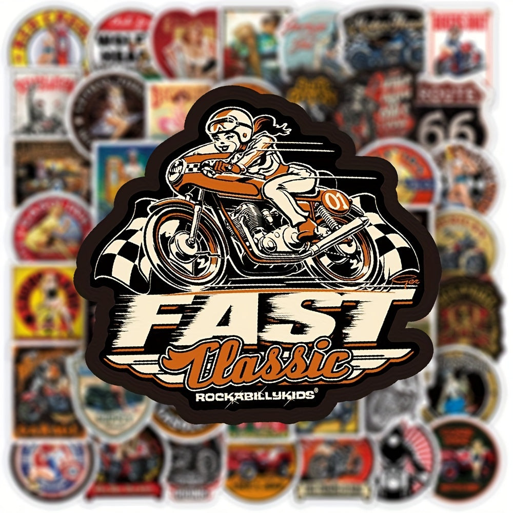 50pcs Retro Motorcycle Girl Series Waterproof Sticker for Laptop Desktop Cup