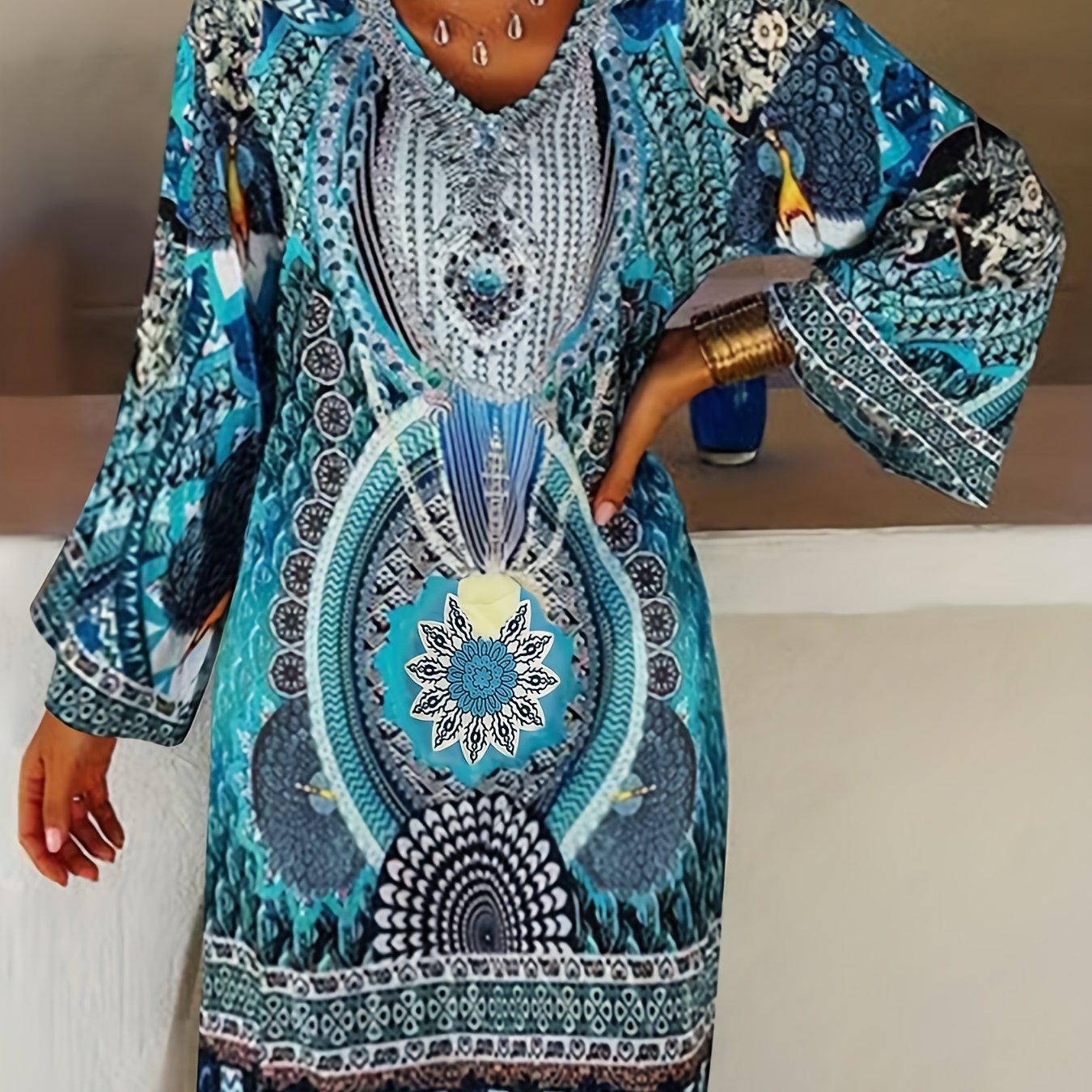 Plus Size Boho Dress Women's Plus Allover Print V-Neck Loose Fit Dress