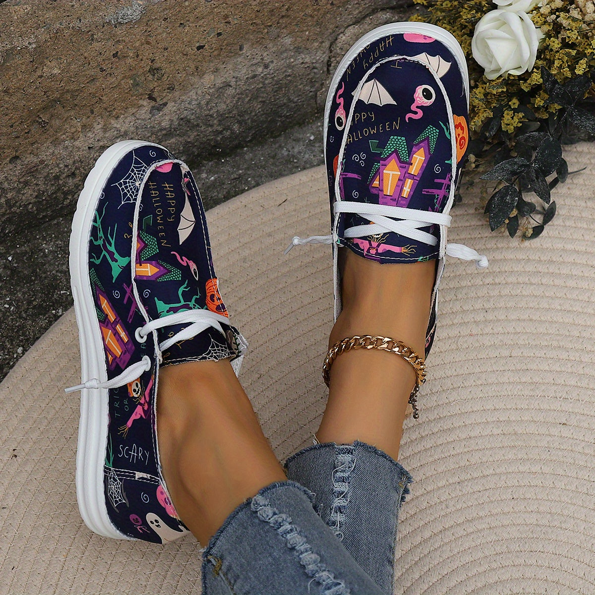Halloween Pumpkin Ghost Pattern Slip On Loafers Shoes