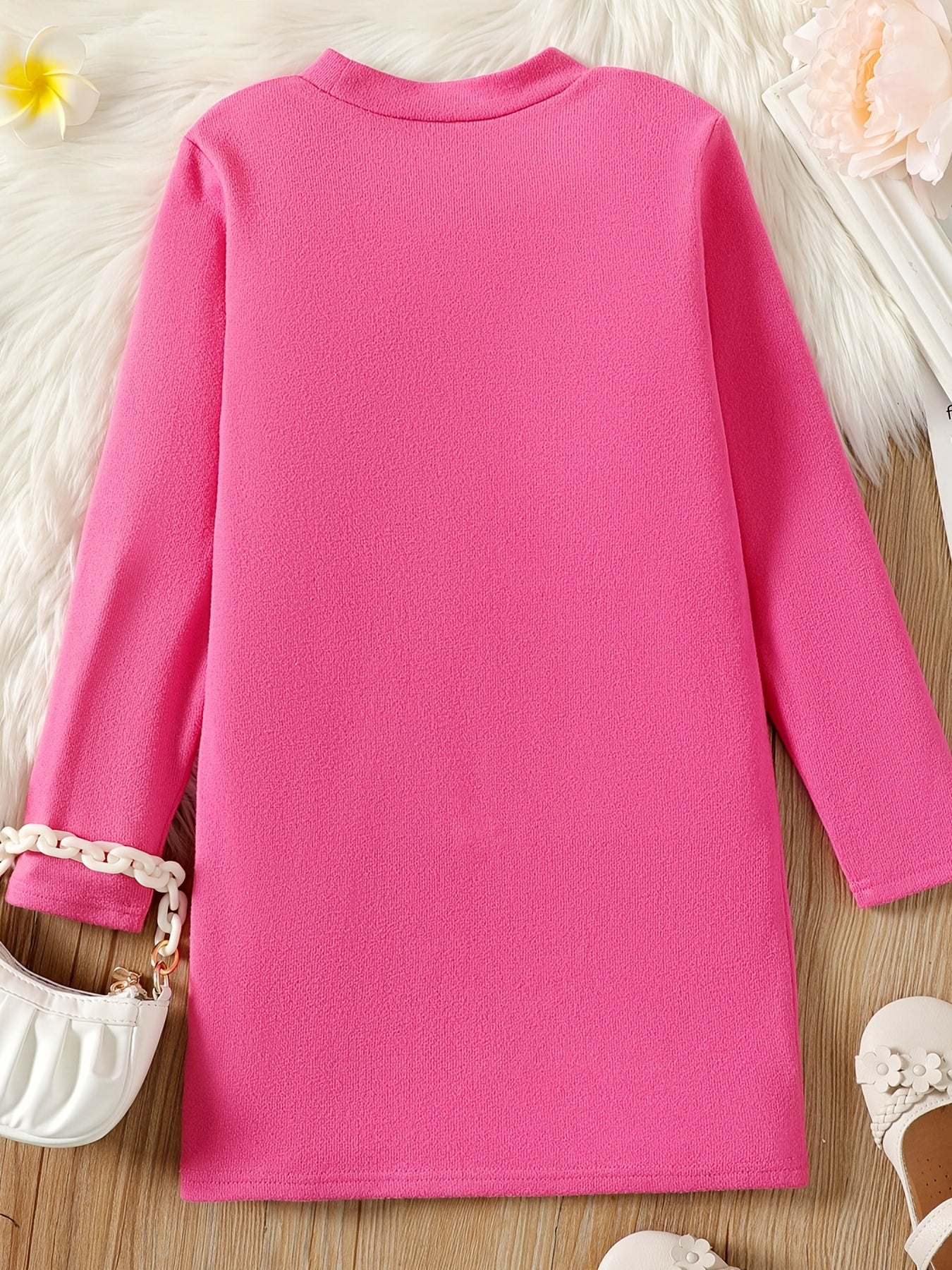 Kid Girl Solid Stand Collar Long Sleeve Knit Dress