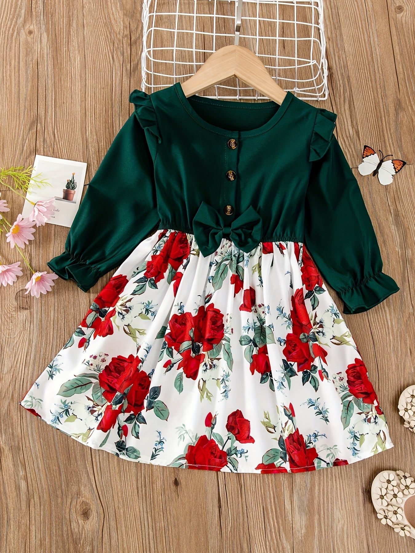 Floral Button Bow Ruffle Trim Princess Dress for Spring