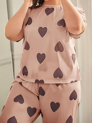 Heart Print Short Sleeve Tee & Pants Loungewear Set