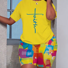 Slogan Print Crop Top & Geometric Print Shorts Set
