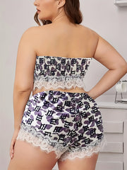 Letter & Cow Print Pajamas Set Women's Lace Trim Bandeau & Shorts 2pcs