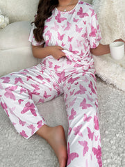 Butterfly Print Pajama Set Women's Short Sleeve Tee & Pants