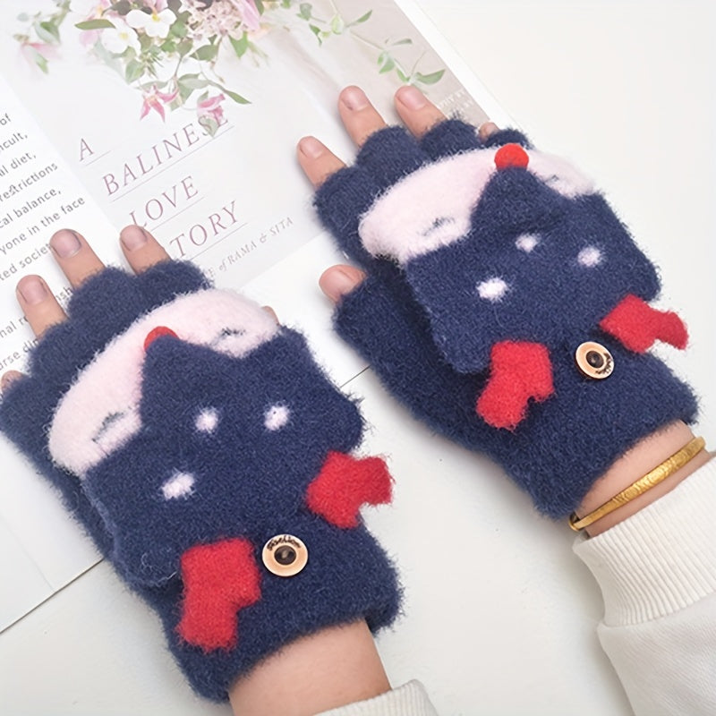 Winter Warm Elk Half Flip Gloves For Boys/Girls 6-12 Yrs