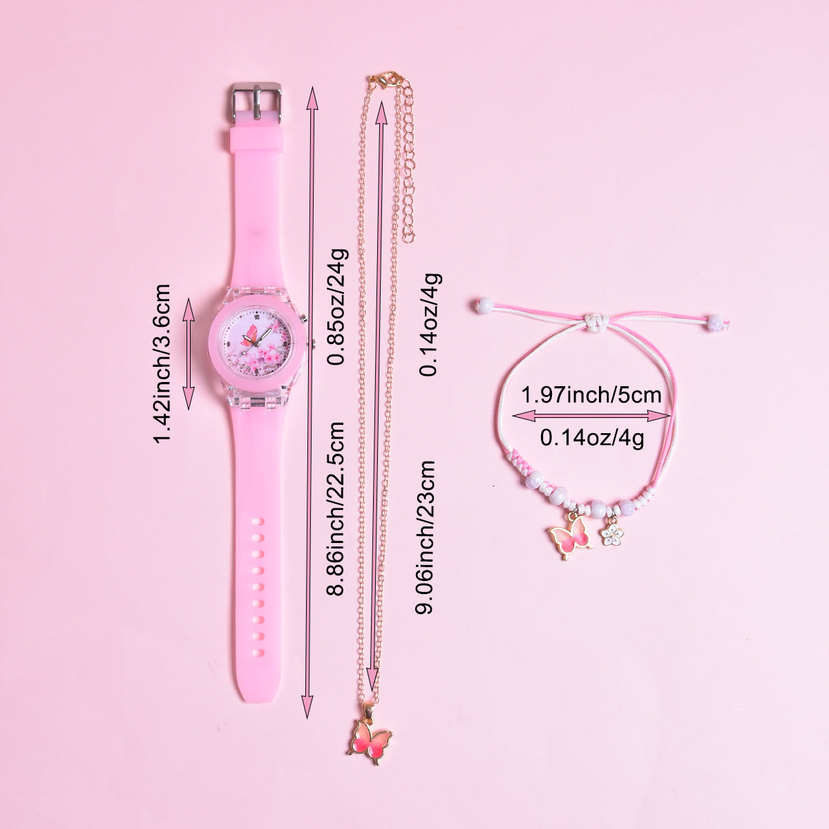 Butterfly LED Watch Set for Girls with Bracelet & Necklace