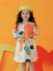 Girls' Boho Fresh Cartoon Printed Dress for Spring and Autumn