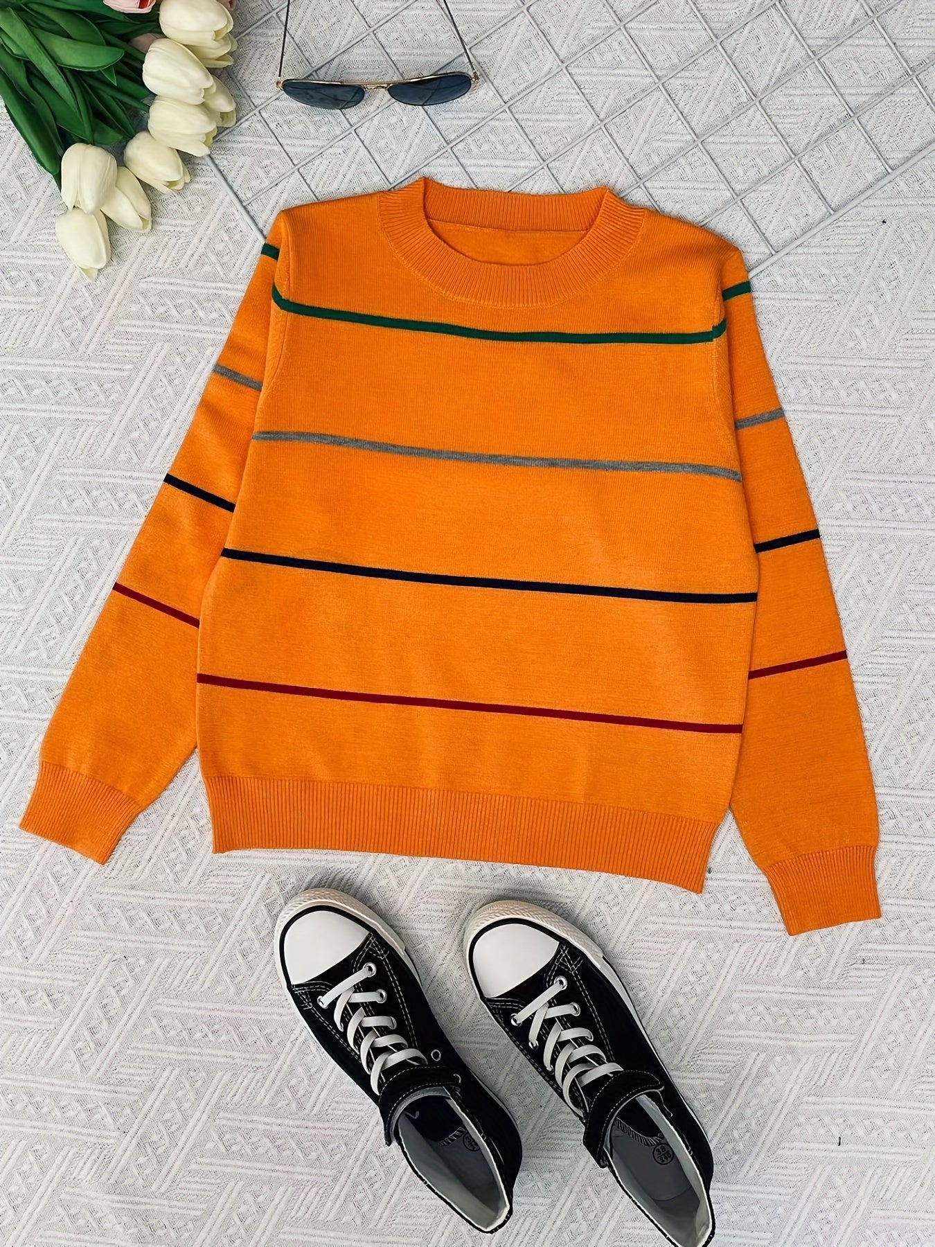 Boys Striped Block Sweater Round Neck Long Sleeve Pullover