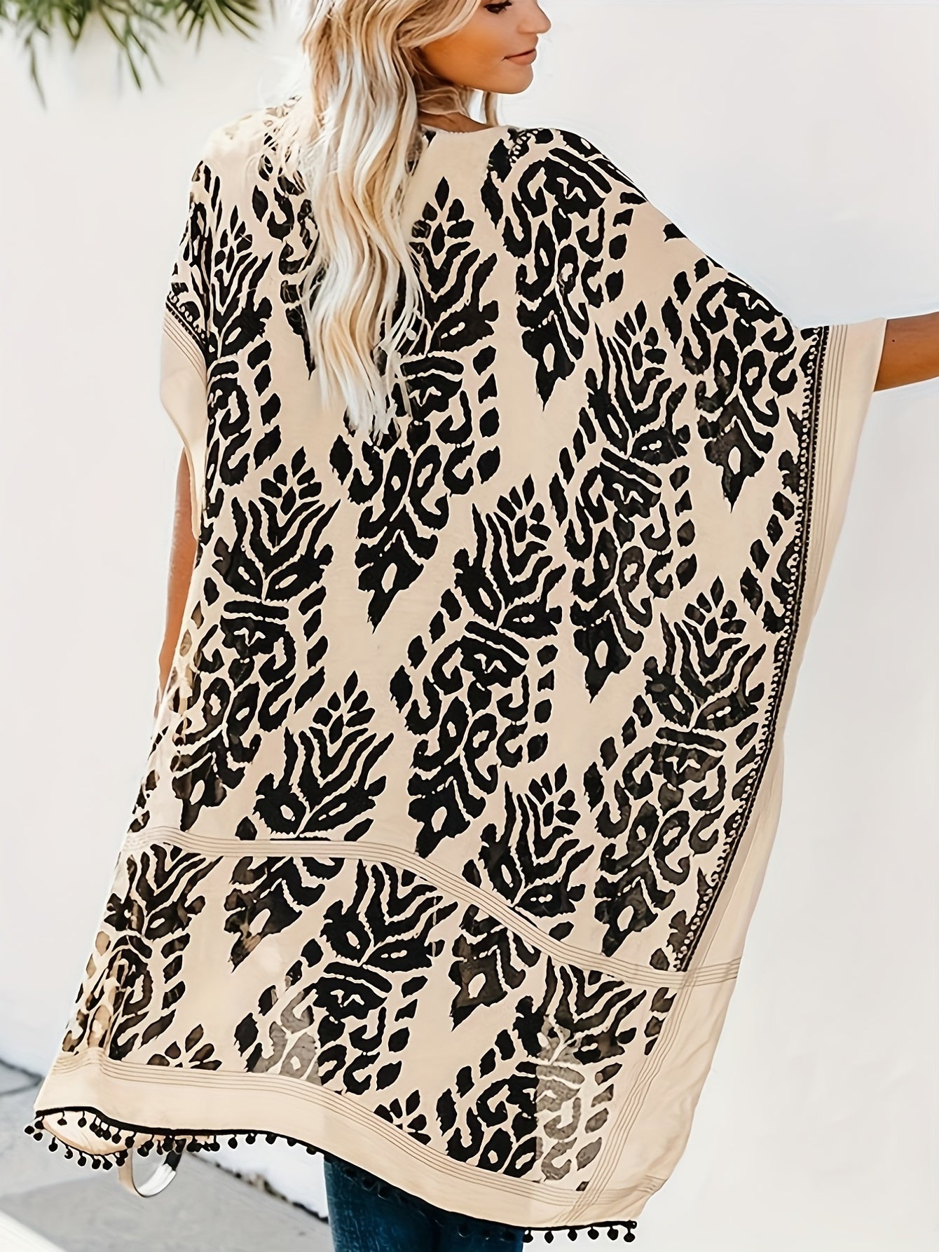 Pom Pom Half Sleeve Cover Up V Neck Soft Kimono Beach Blouse