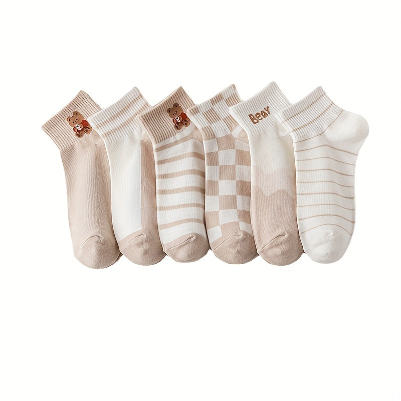 6 Pairs Bear Print Striped Socks Crew Short Stockings