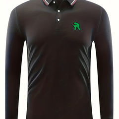 Men's Lapel Golf Long Sleeve Print Tennis Sports Shirt Letter V Style Top