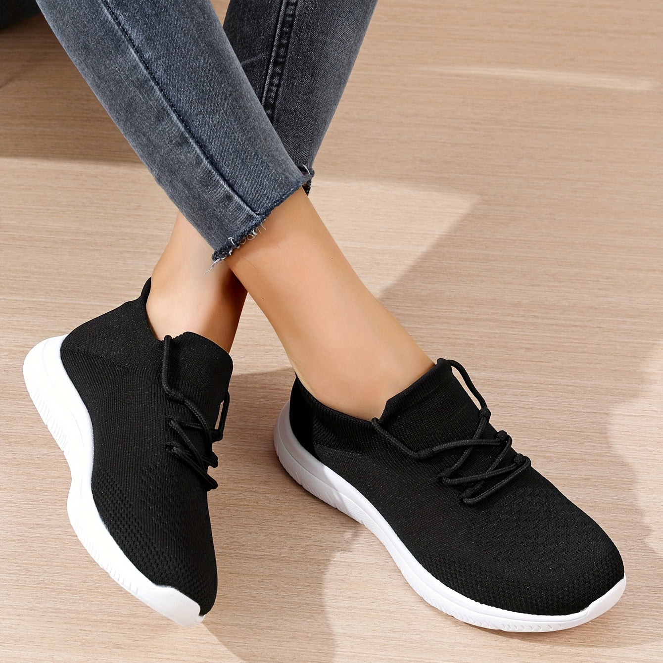Women's Knitted Sneakers Comfy Lace Up Outdoor Running Shoes