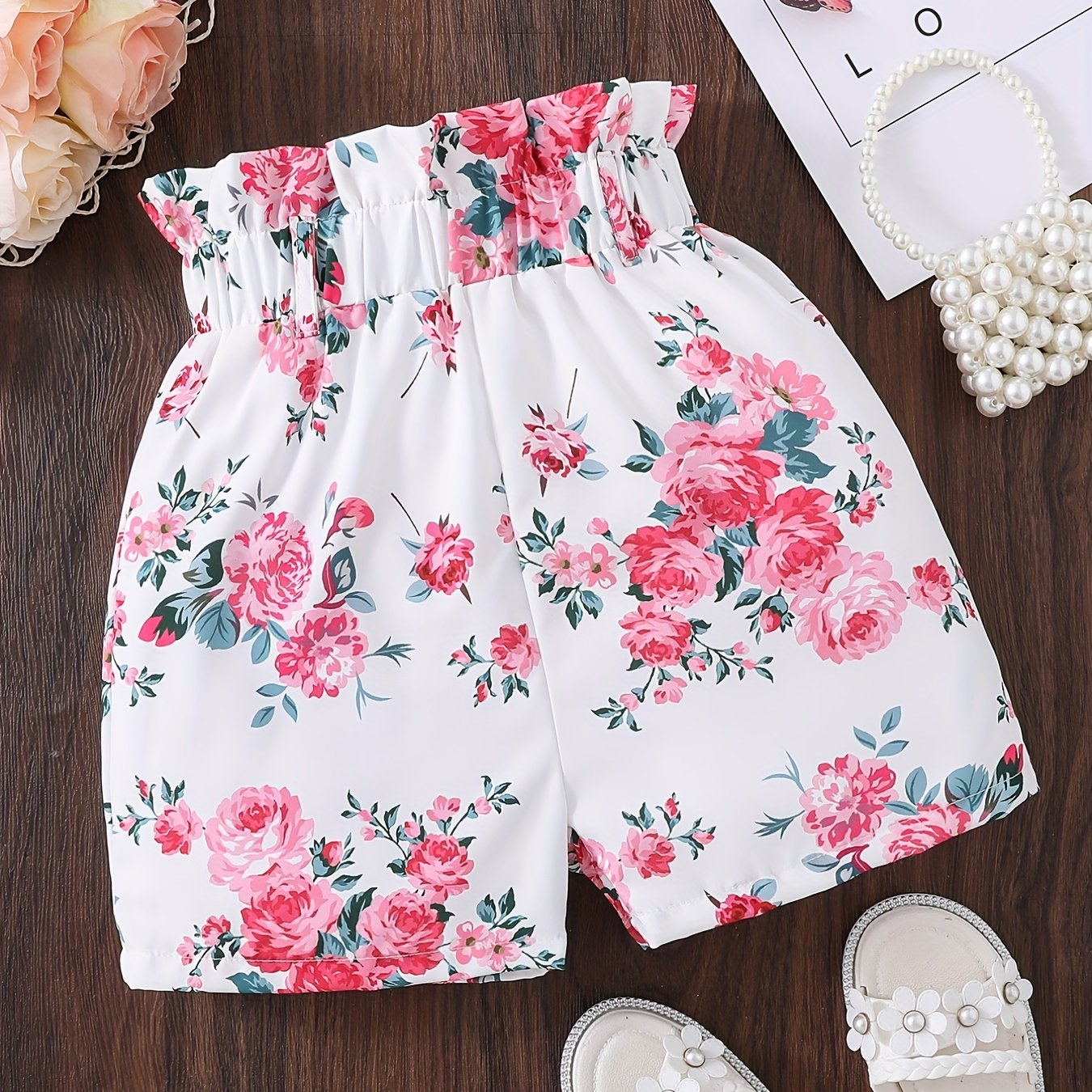 Girls Boho Floral Paper Bag Waist Casual Shorts