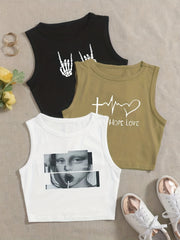 Set of 3 Y2K Graphic Print Crop Tank Tops