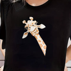 Giraffe Print Sports T-shirts Solid Crew Neck Casual Short Sleeve Graphic Tee