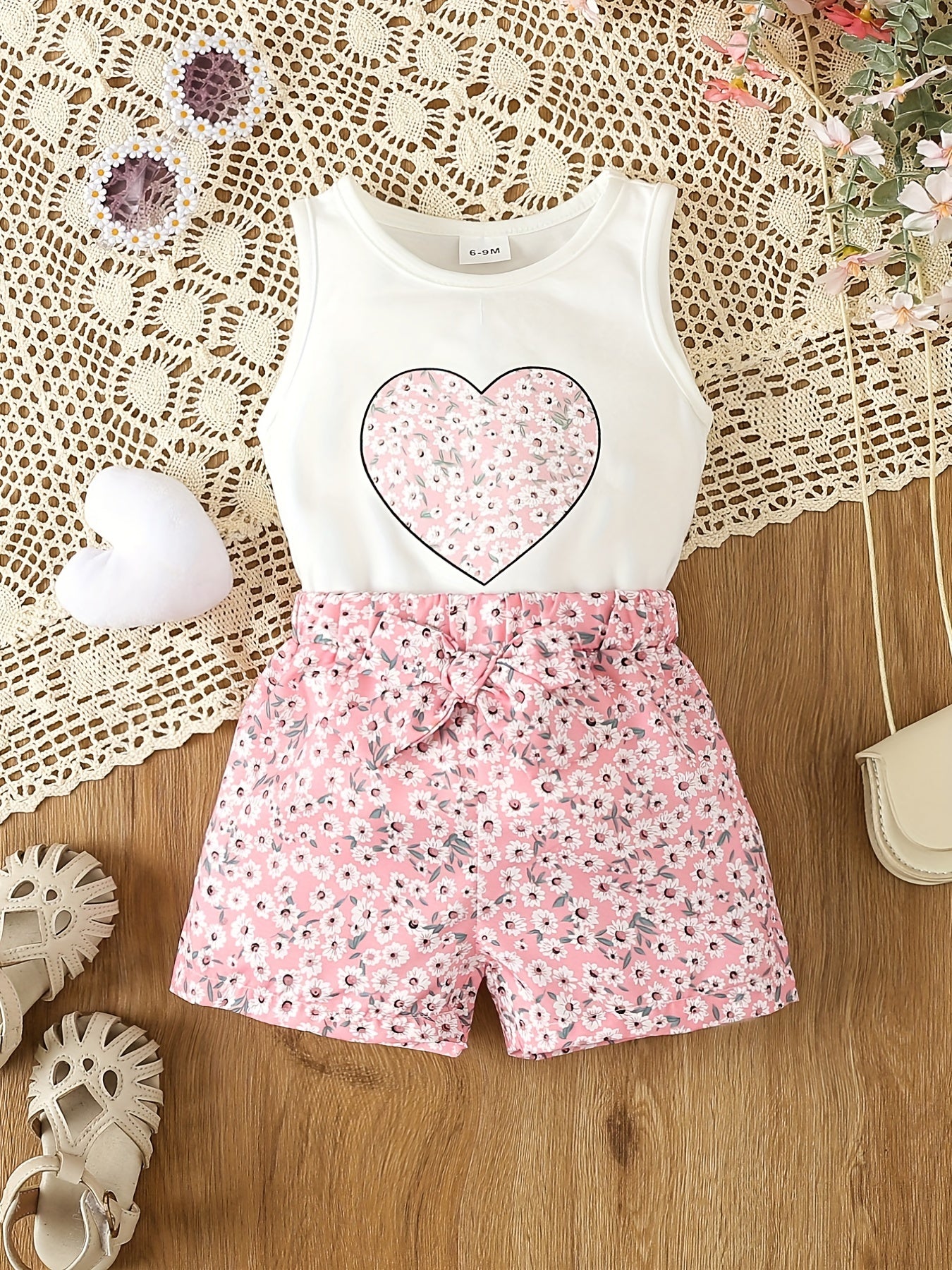 Toddler Girl's Floral Heart Print Romper with Belted Shorts