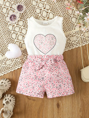 Toddler Girl's Floral Heart Print Romper with Belted Shorts