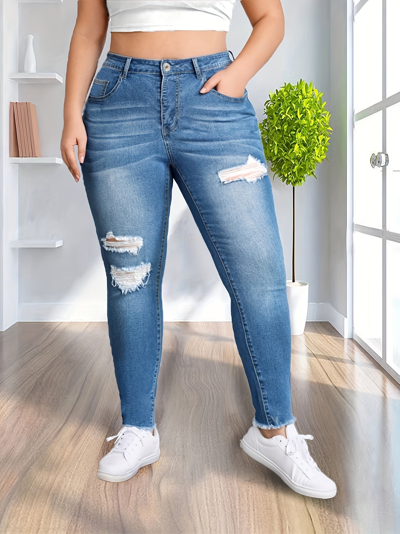 Women's Plus Stretch High Rise Button Fly Fringe Skinny Jeans
