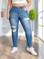 Women's Plus Stretch High Rise Button Fly Fringe Skinny Jeans