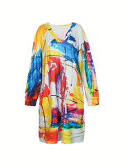 Women's Plus Colorblock Print Long Sleeve V Neck Dress With Pockets