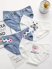 4pcs Cartoon Print Briefs Comfortable Breathable Mid Waist Panties