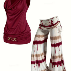 Chain Decor Tank Top & Side Tie Wide Leg Pants Set