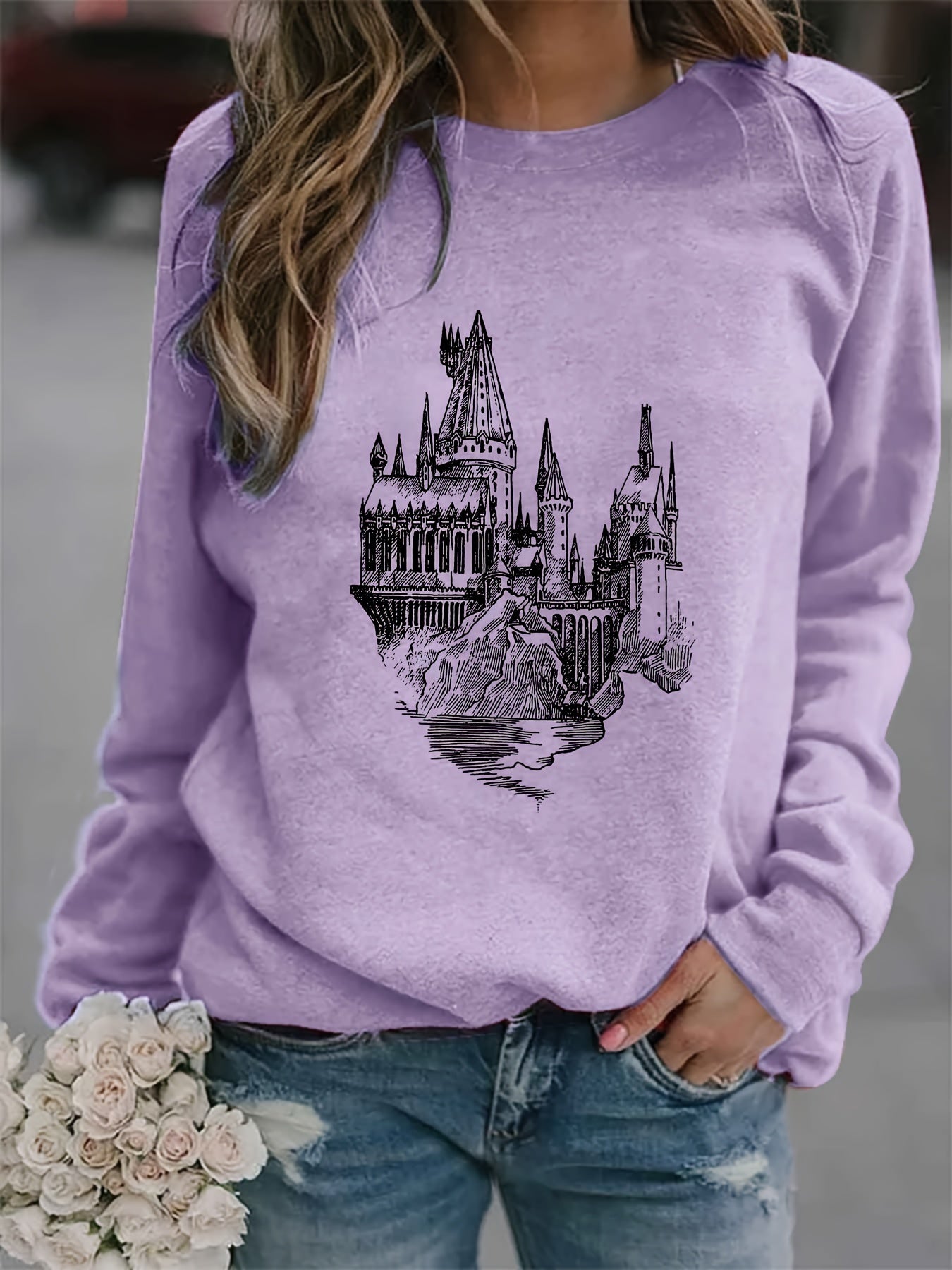 Castle Print Sweatshirt Crew Neck Long Sleeve Casual