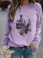 Castle Print Sweatshirt Crew Neck Long Sleeve Casual