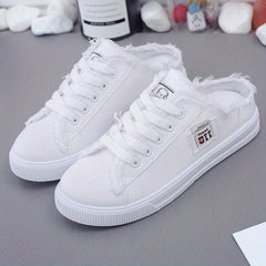 Women's Letter Patched Mules Sneakers Lace Up Raw Trim Canvas Shoes