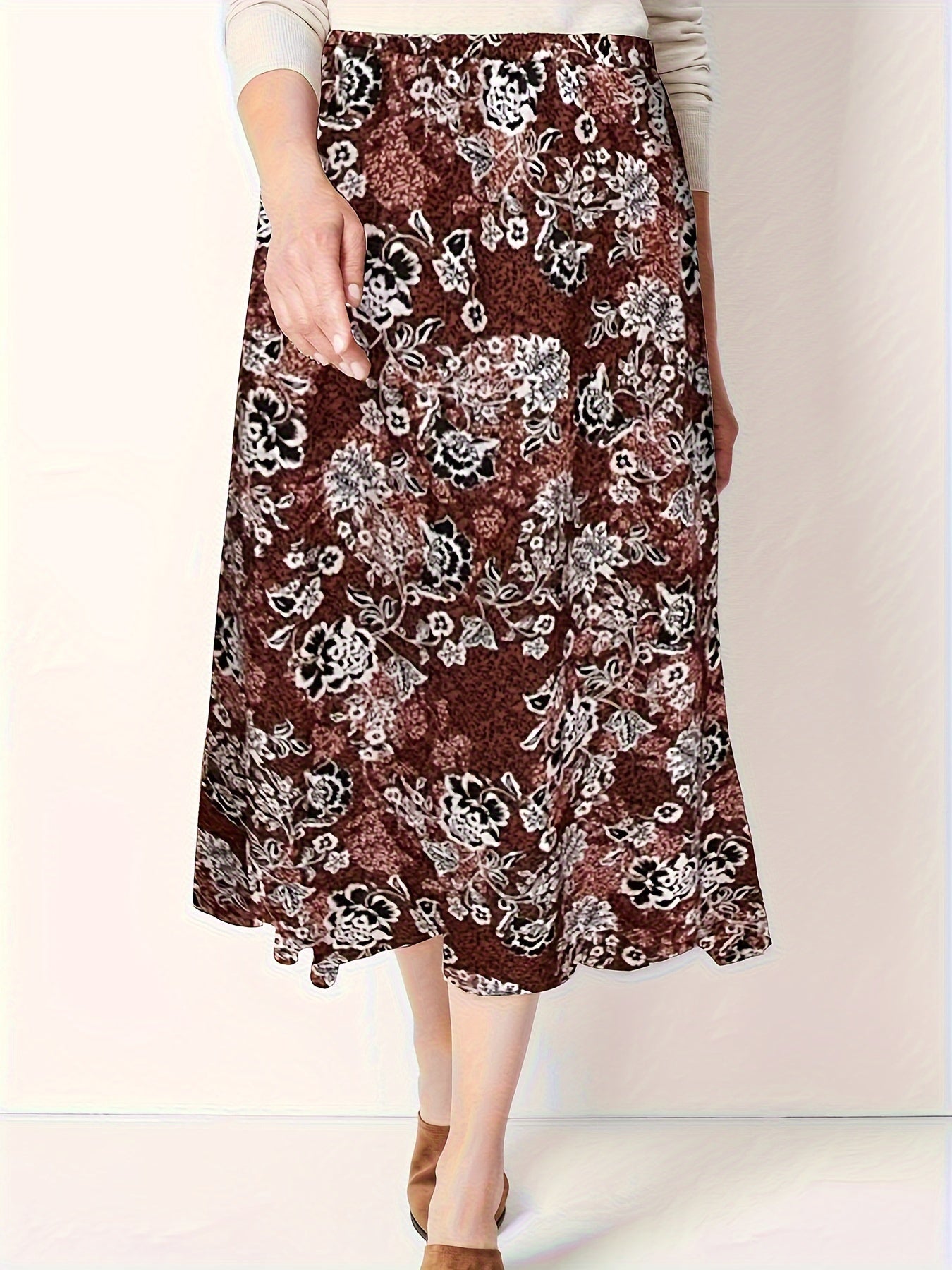Allover Floral Print High Rise Midi A line Skirt