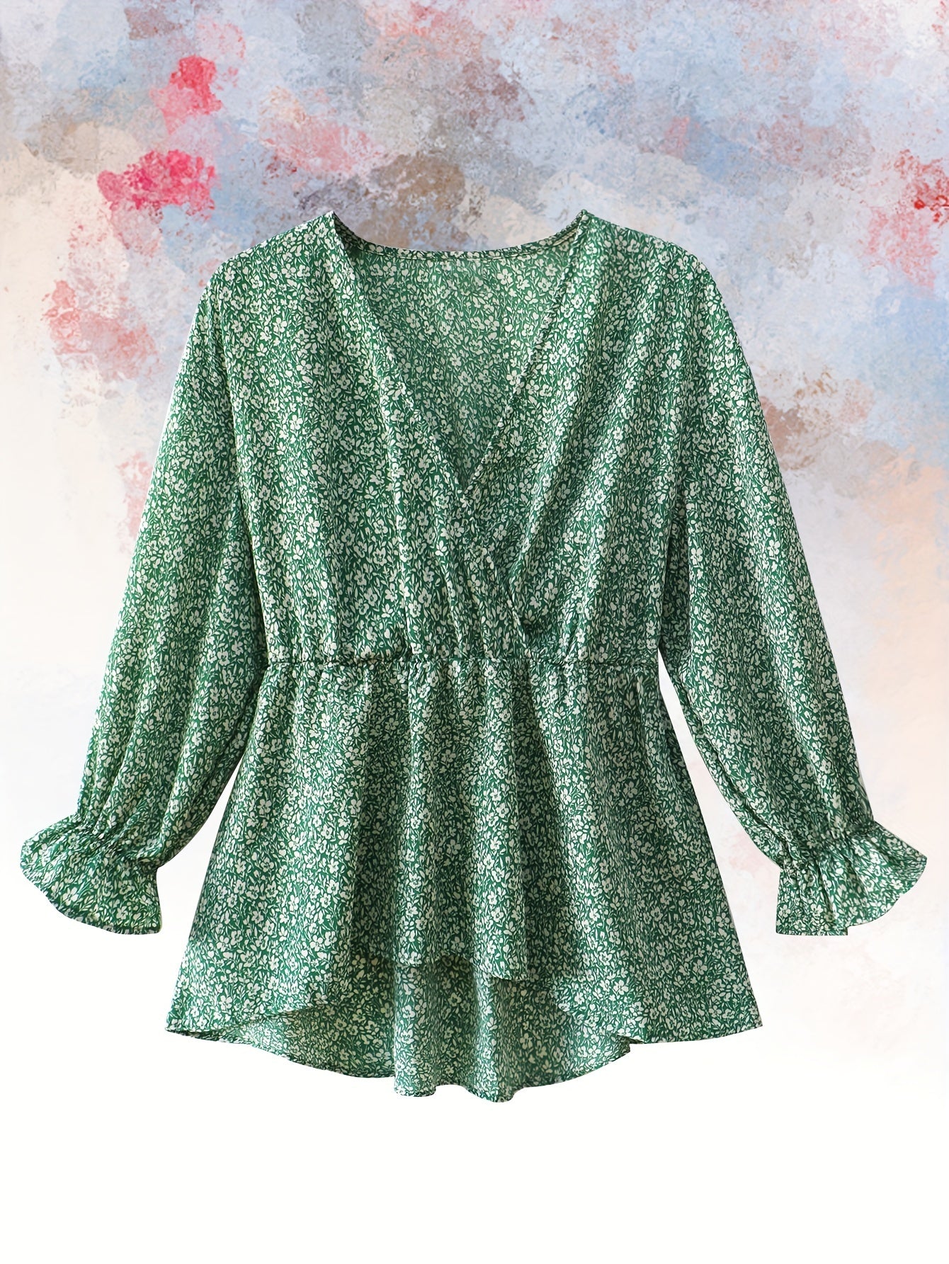 Ditsy Print Lantern Sleeve Peplum Top