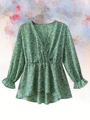 Ditsy Print Lantern Sleeve Peplum Top
