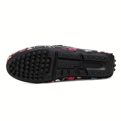 Men's Floral Slip On Loafers Metal Decor Rubber Sole Shoes