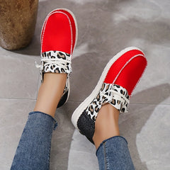 Leopard Print Flat Sneakers Lightweight Red Lace Up Loafers Casual Shoes