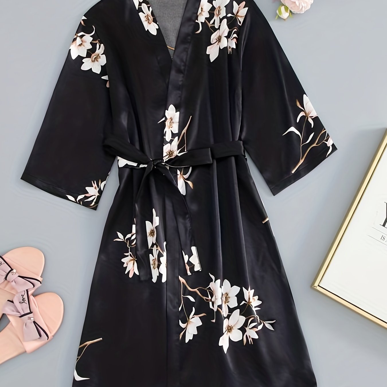 Floral Print Deep V Night Robe with Belt